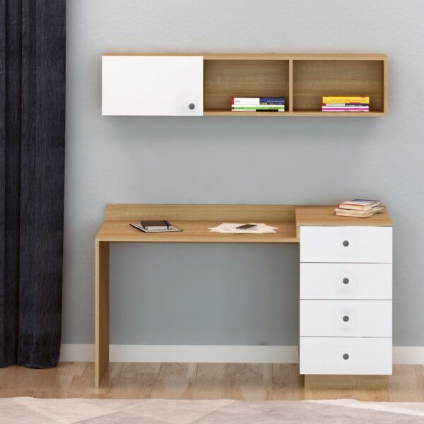 Modern Study Desk with 4-Drawer Unit & Matching Wall Cabinet