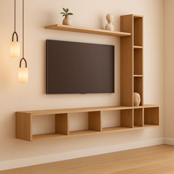 Modern Floating TV Unit with Asymmetrical Shelving Tower