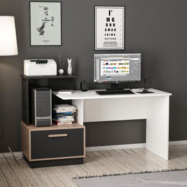 Modern Computer Desk with Drawer & Stylish Side Storage Unit