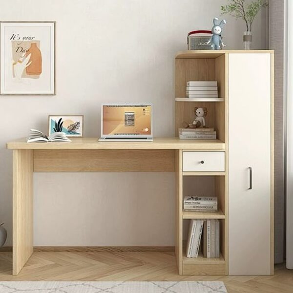 Modern Computer Desk with Tall Side Storage – Oak & White P#-074