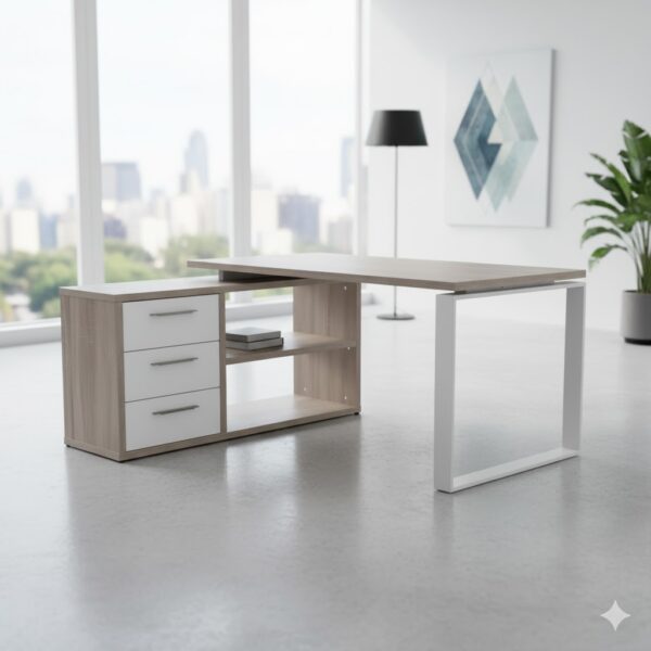 Modern L-Shaped Office Desk with Storage Drawers & Shelves P#-027