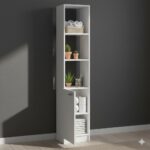 Tall White Narrow Storage Tower with Open Shelves & Cabinet Door