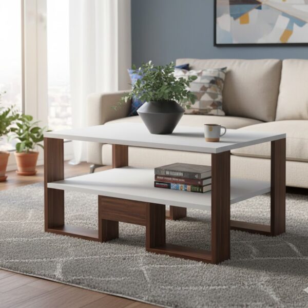 Modern Minimalist Coffee Table – Sleek White & Walnut Design