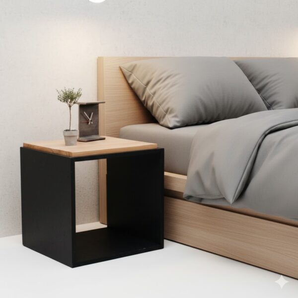 Minimalist Floating-Top Cube Nightstand (Oak & Black)