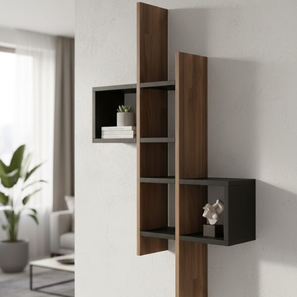 Geometric Intersecting Wall Shelf – Brown and Matte Black P#-067