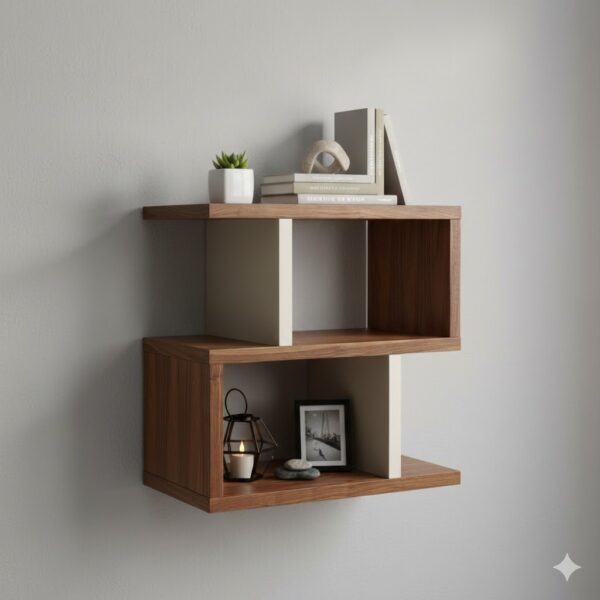 S-Shape Wooden Floating Wall Shelf – Two-Tone Designer Display Rack P#-079