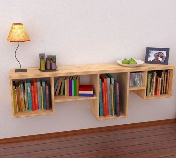 Modern Staggered Floating Wall Shelf Cube Display Unit – Natural Wood Finish