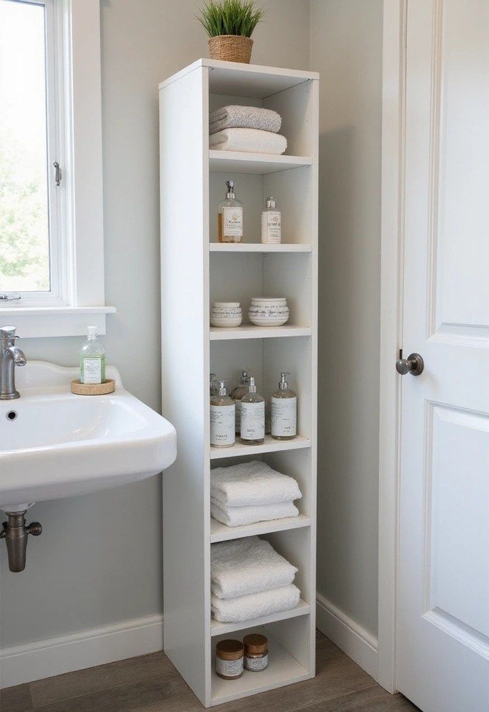 bath rack Tall Slim White Freestanding Bathroom Storage Cabinet - Narrow Open Shelf - Image 1