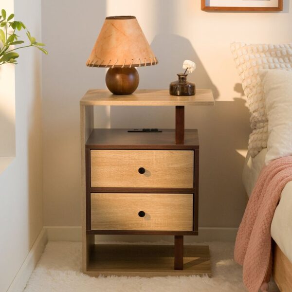 Modern Stylish Two-Tone Side Table with 2 Drawers & Open Shelf