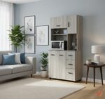 Modern Tall Bookshelf Cabinet with Drawers and Hutch