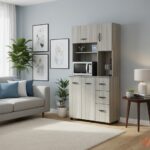 Modern Tall Bookshelf Cabinet with Drawers and Hutch