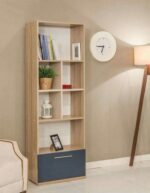 Space-Saving Tall Bookshelf - Modern Light Wood with Bottom Drawer Storage