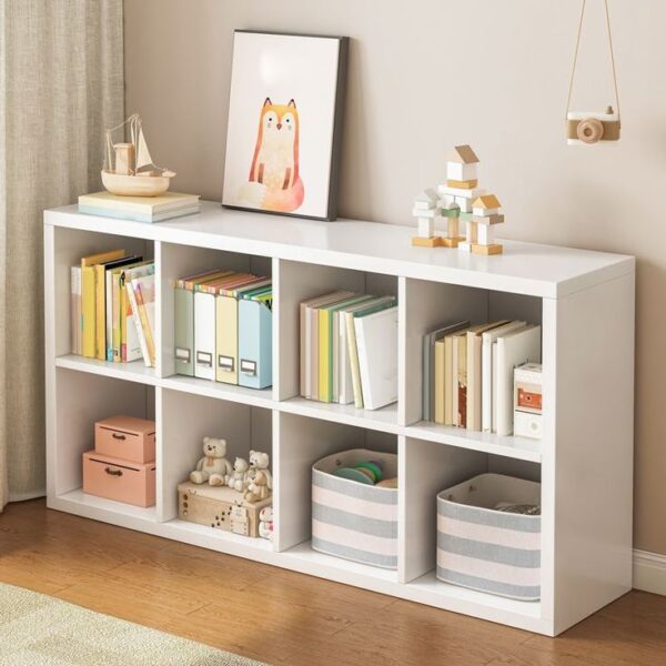 Modern White 8-Compartment Cube Bookcase – 48" Wide Storage Organizer