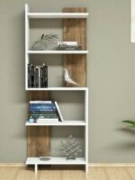 Modern Staggered Bookshelf 60 Inch Tall - White & Walnut Freestanding Bookcase with Asymmetrical Shelves
