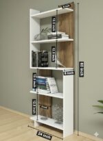 Modern Staggered Bookshelf 60 Inch Tall - White & Walnut Freestanding Bookcase with Asymmetrical Shelves - Image 2