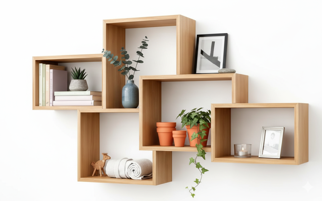 interlocked wall shelf 5 interlocking floating wall shelves | unique geometric arrangement - Image 1