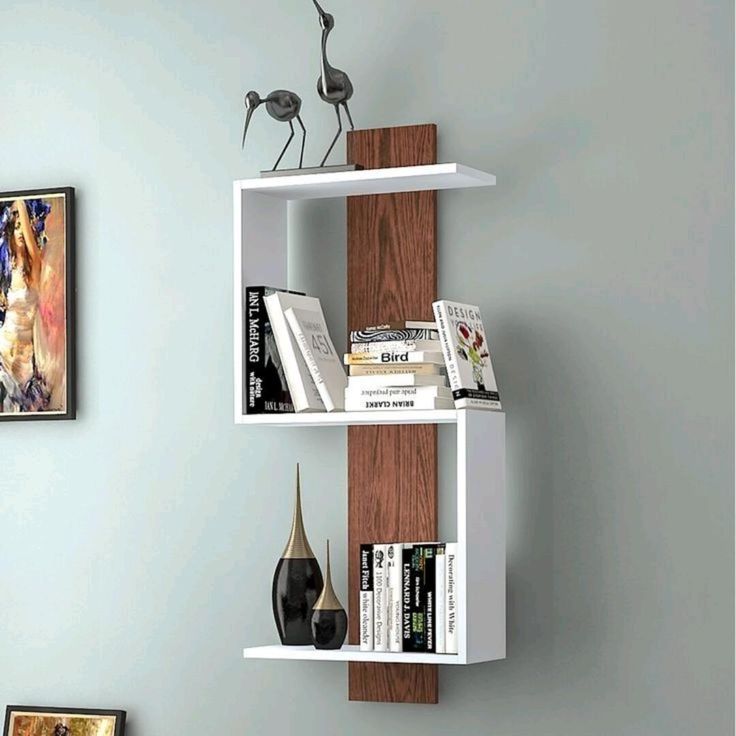 wall s shaped Modern S-Shaped Floating Wall Shelf – MDF White & Walnut Wood Accent - Image 1