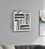 Modern Geometric Wall Shelf Unit - 24x24 Inch White Floating Shelves with Multiple Compartments for Books, Plants & Decor