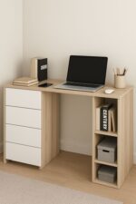 Modern Computer Desk with 4 Drawers and Open Shelves