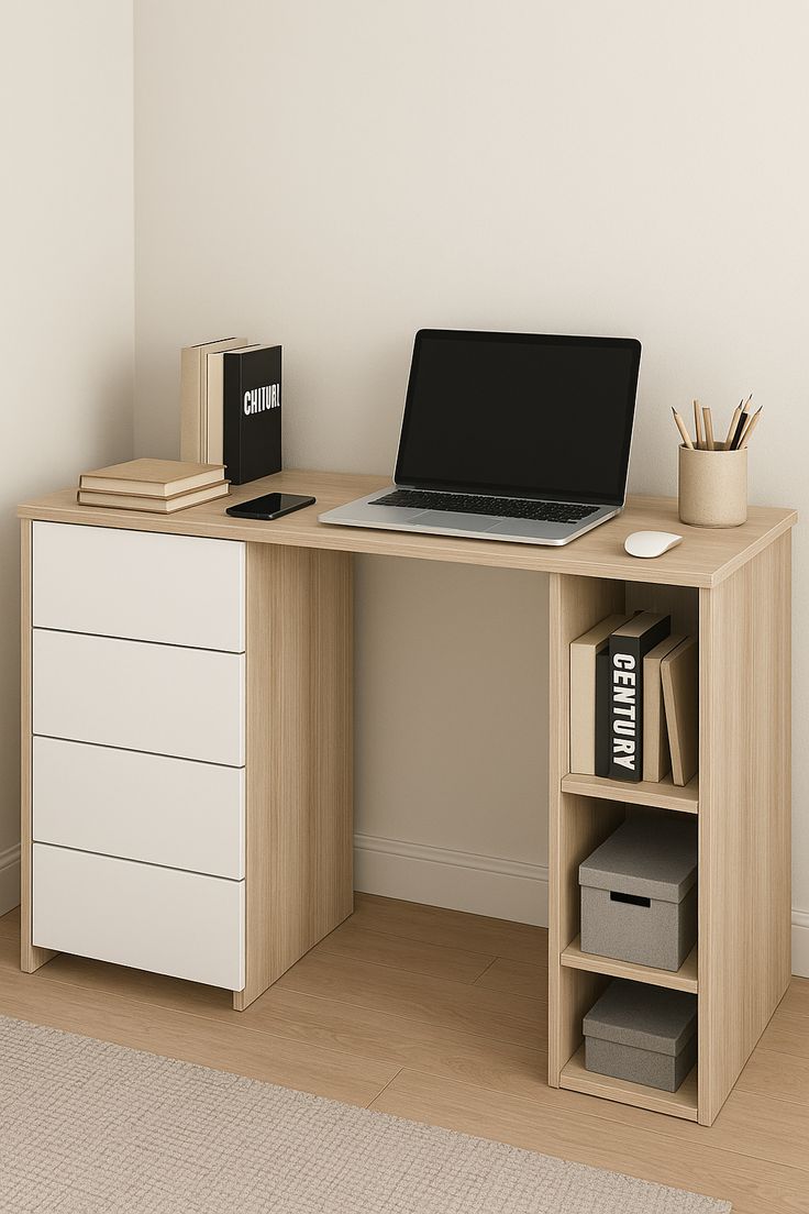 study table Modern Computer Desk with 4 Drawers and Open Shelves - Image 1