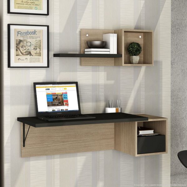 Modern Wall-Mounted Floating Desk with Shelves – Wood & Black