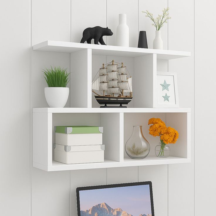 white wall shwlf Modern White Interlocking Floating Wall Shelves - 30" Geometric Display Unit - Image 1
